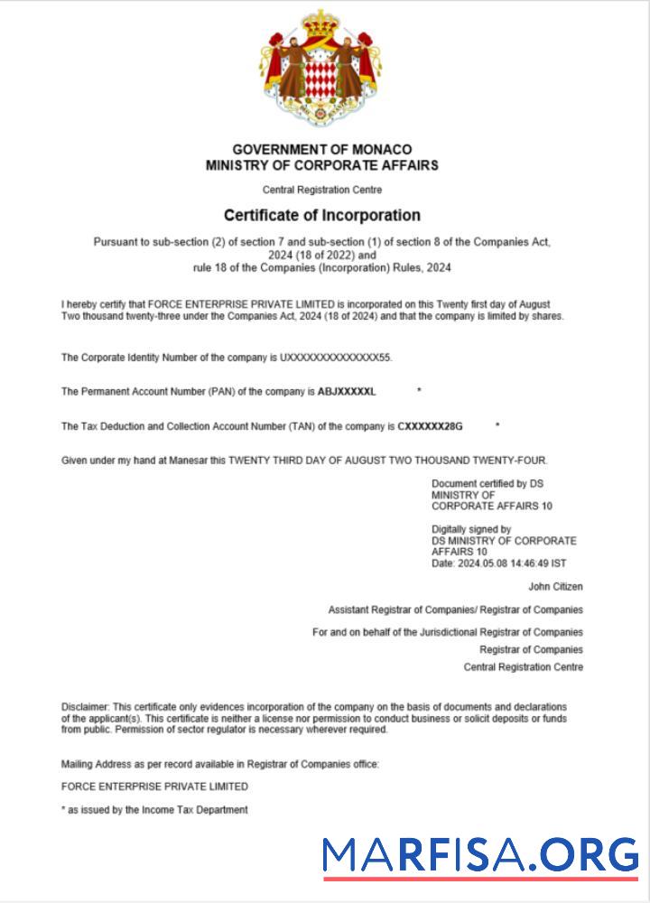 Blank Monaco business registration certificate Word and PDF template